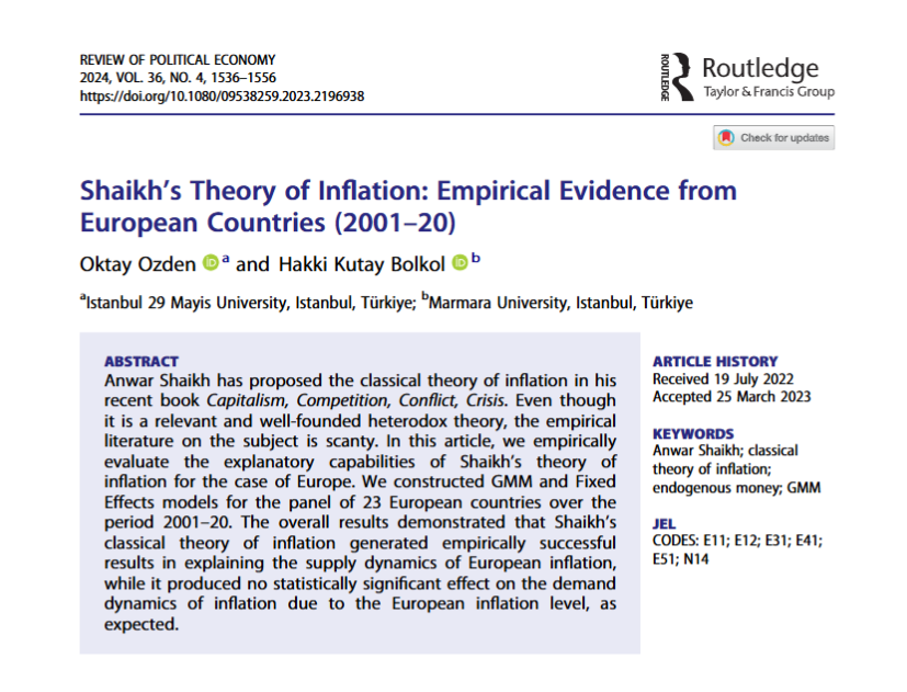 Ozden, O., & Bolkol, H. K. (2023). Shaikh’s Theory of Inflation: Empirical Evidence from European Countries (2001–20). Review of Political Economy
