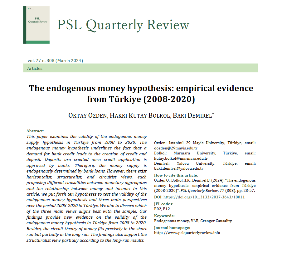 Özden, O. Bolkol, H.K., Demirel, B. (2024) The Endogenous Money Hypothesis: An Empirical Evidence from Türkiye 2008-2020, PSL Quarterly Review